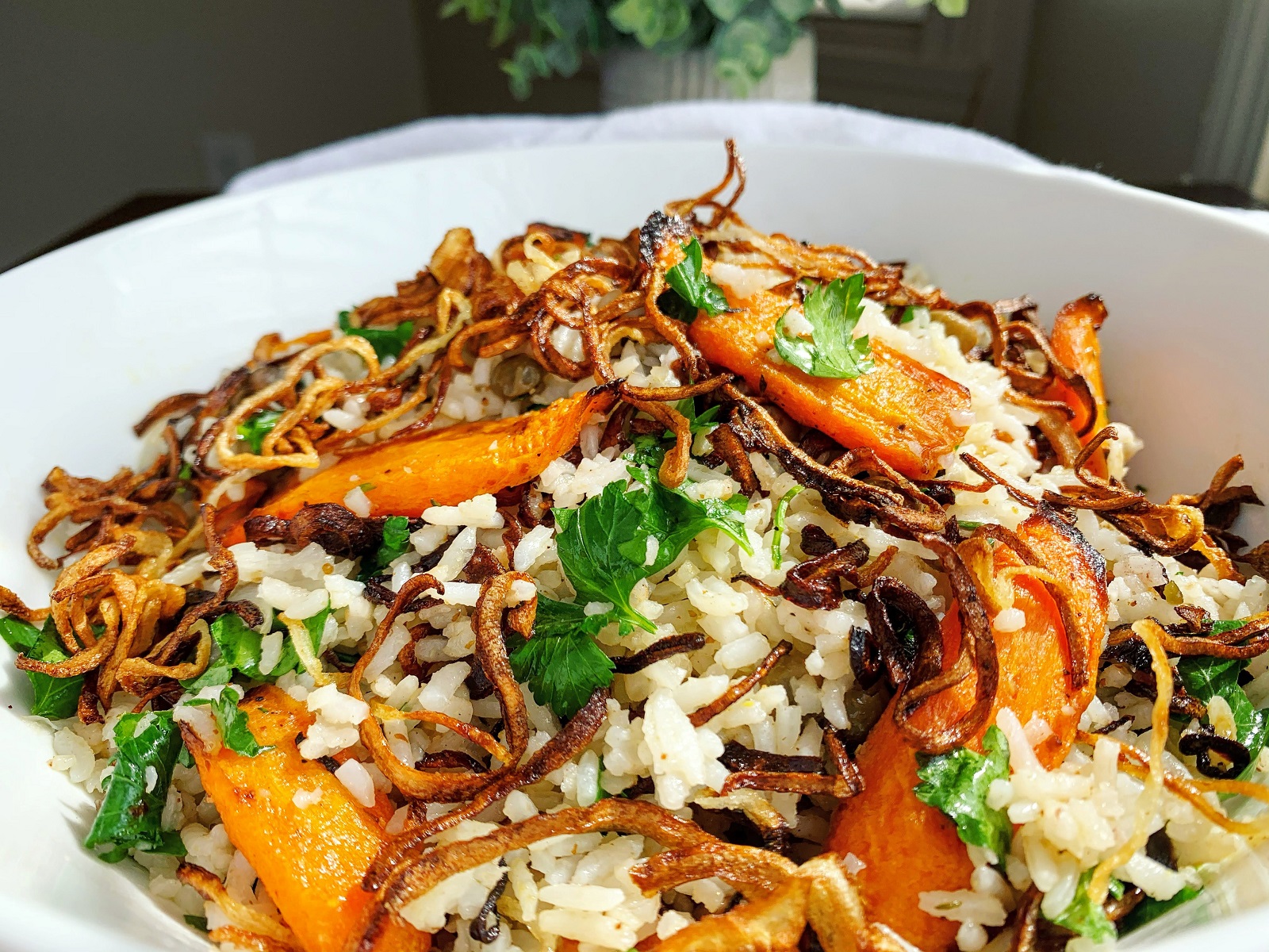 Crispy Fried Onion & Roasted Carrot Rice with Onion Oil Dressing